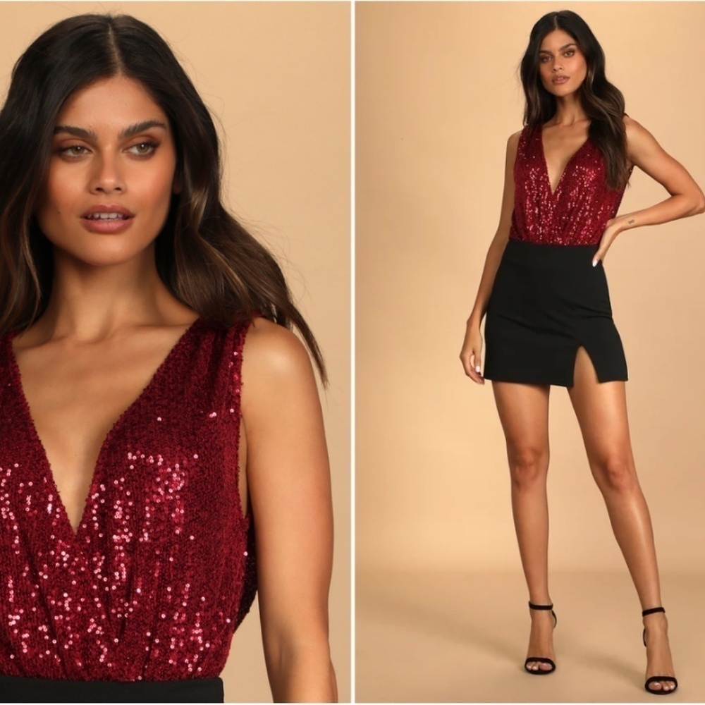 LULU's Sexy Flirty Sparkly Holidays Shimmer Red Sequin Night Out Bodysuit